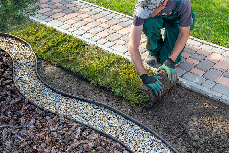 Landscaper kneeling on brick path unrolling sod