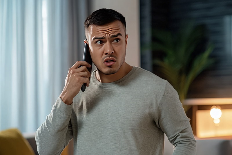 Young man holding smart phone with a confused look on his face