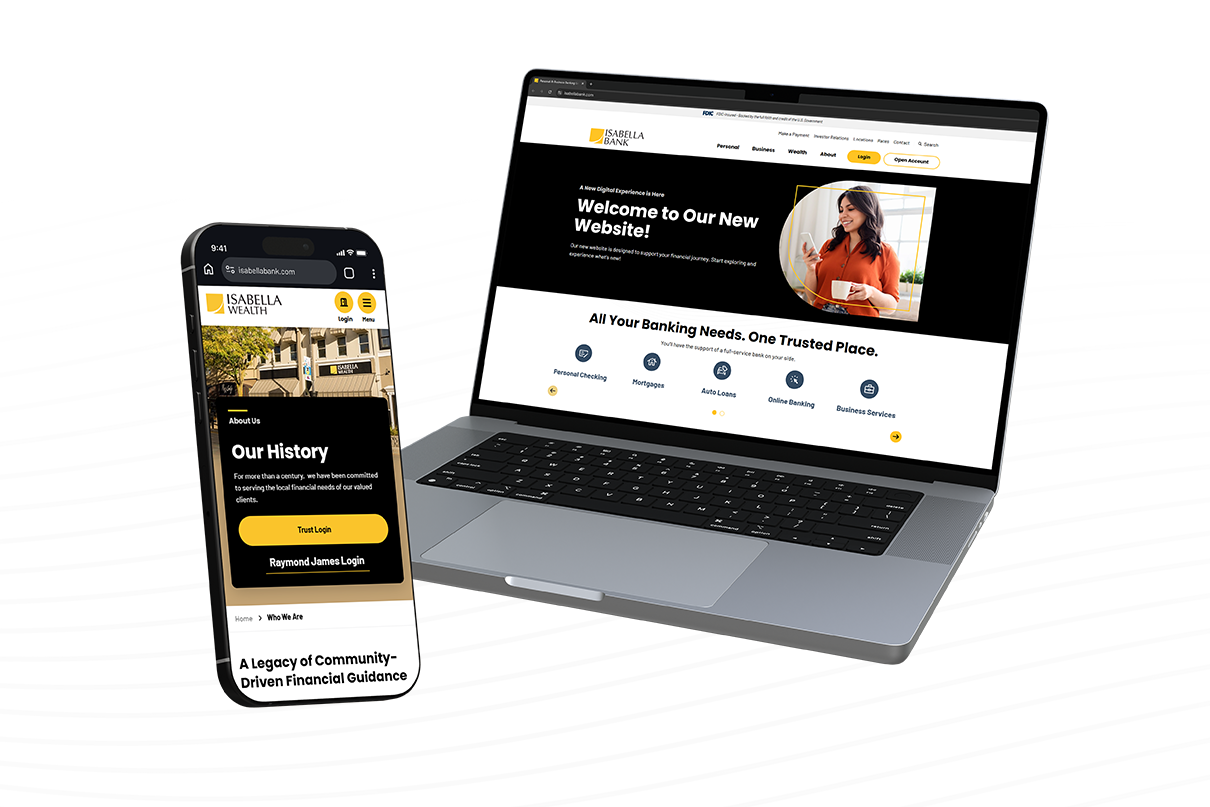 New Isabella Bank and Isabella Wealth websites pictured in phone and laptop