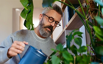 mature man watering houseplants